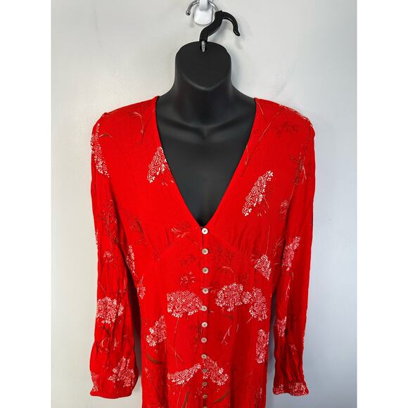 Aritzia Wilfred Red Floral Gallery Button Front Midi Dress Medium Boho Cottage - Picture 5 of 13
